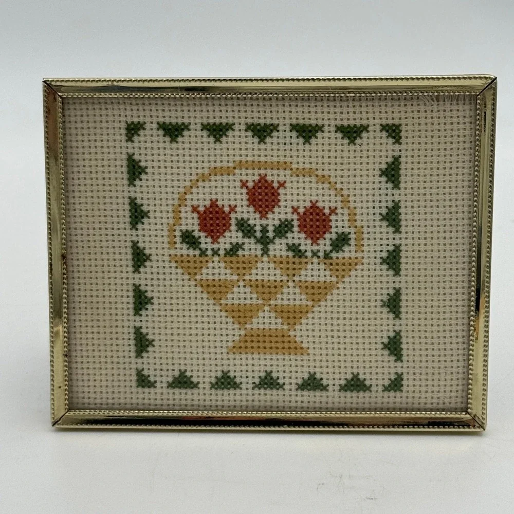 Vintage Framed Cross Stitch Art Set of 2 Mini Floral Basket Gold Tone Frames